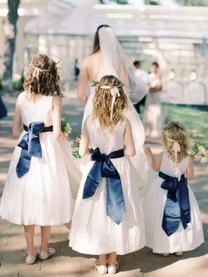 Simple Ivory Satin Navy Belt Vintage Flower Girl Dresses, FGS108