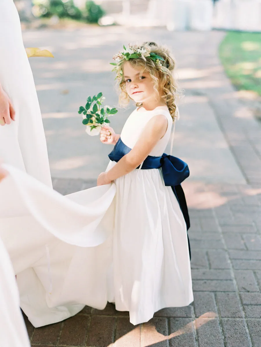 Simple Ivory Satin Navy Belt Vintage Flower Girl Dresses, FGS108