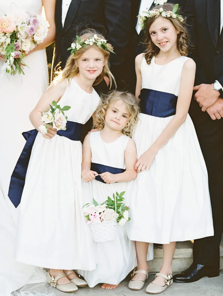 Simple Ivory Satin Navy Belt Vintage Flower Girl Dresses, FGS108