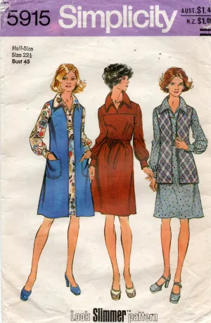 Simplicity 5915 Womens Half Size Yoked Wide Collar Dress & Long Vest 1970s Vintage Sewing Pattern Sizes 22 1/2 Bust 45 inches