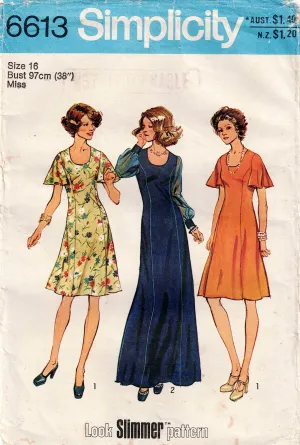 Simplicity 6613 Womens Flutter or Sheer Sleeved Dresses 1970s Vintage Sewing Pattern Size 16 Bust 38 Inches