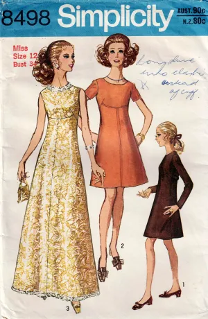 Simplicity 8498 Womens Curved Bodice Dress or Evening Maxi Dress 1970s Vintage Sewing Pattern Size 12 Bust 34 Inches UNCUT Factory Folded