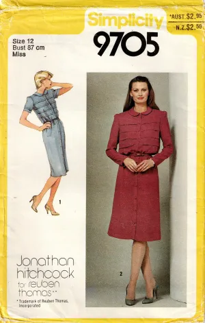 Simplicity 9705  Jonathan Hitchcock for Reuben Thomas Tucked Front Dress 1980s Vintage Sewing Pattern Size 12 Bust 34 inches UNCUT Factory Folded