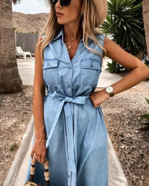Single-breasted Lace-up Elastic Waist Jean Denim Midi Dress