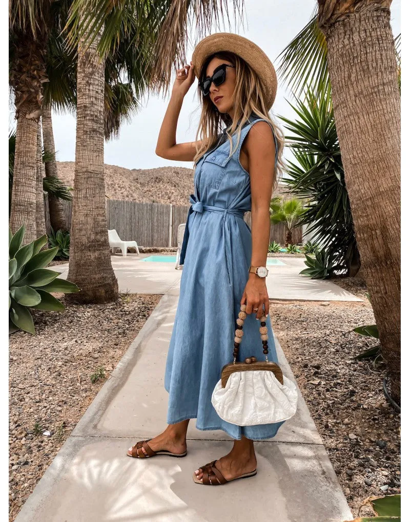 Single-breasted Lace-up Elastic Waist Jean Denim Midi Dress