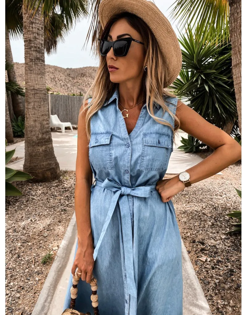 Single-breasted Lace-up Elastic Waist Jean Denim Midi Dress