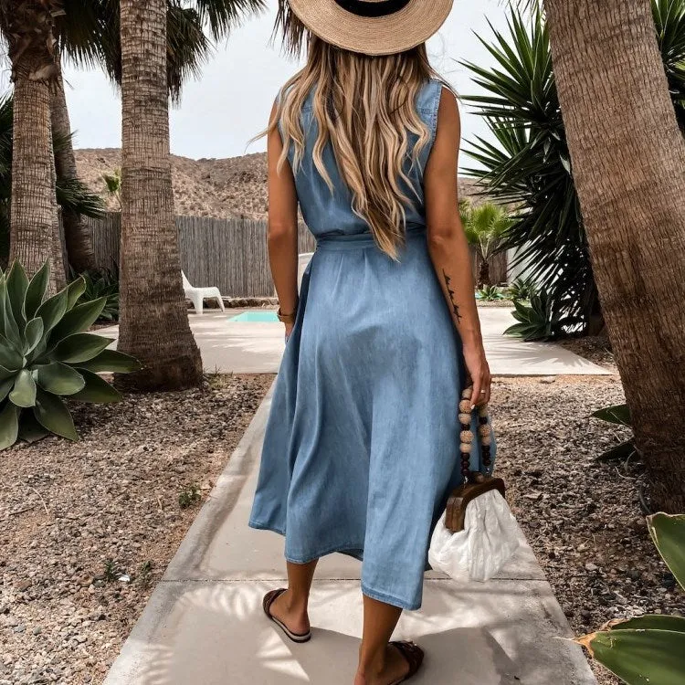 Single-breasted Lace-up Elastic Waist Jean Denim Midi Dress