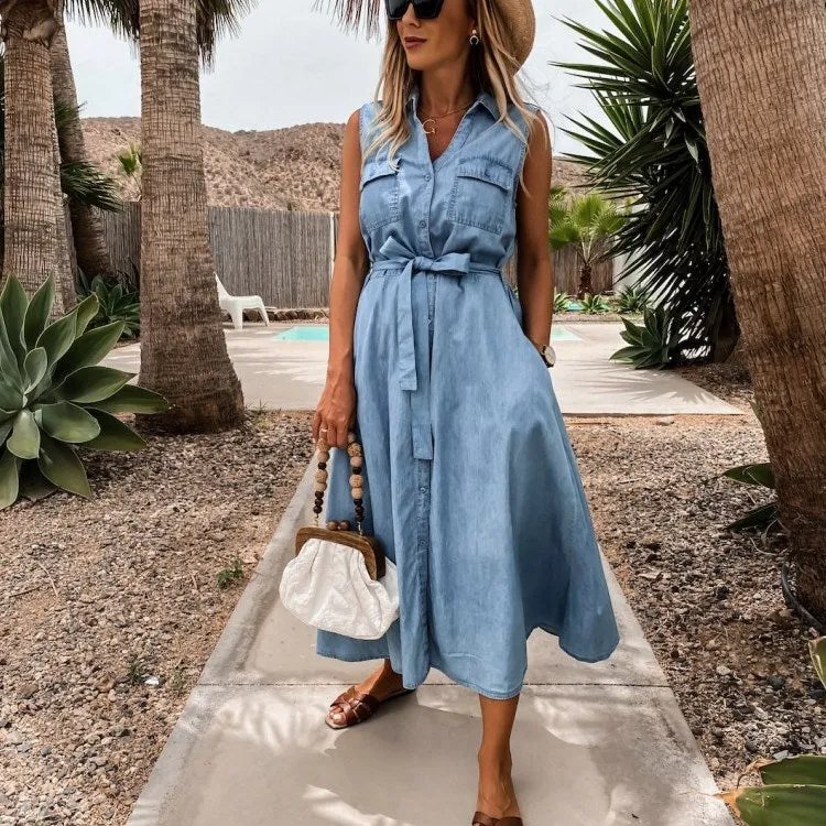 Single-breasted Lace-up Elastic Waist Jean Denim Midi Dress