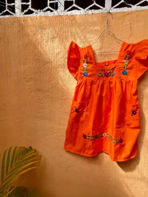 Size 4 Orange Traditional Embroidered Dress from El Salvador