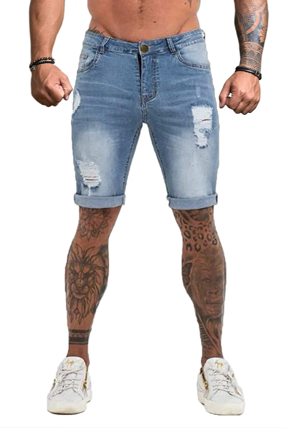 Sky Blue Distressed Low-rise Men's Denim Shorts