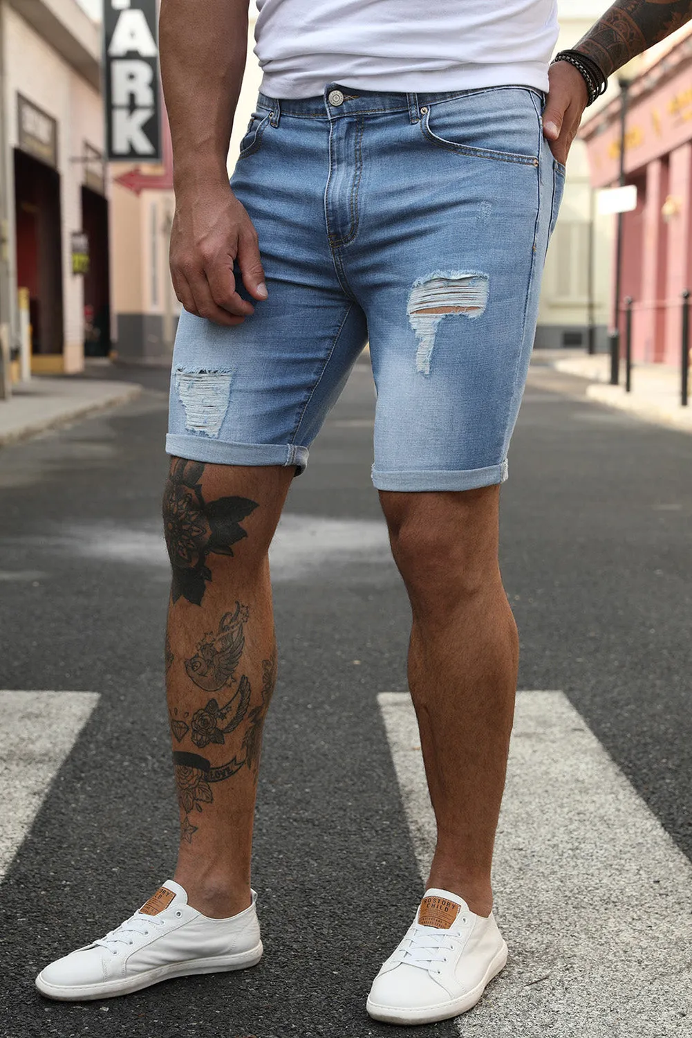 Sky Blue Distressed Low-rise Men's Denim Shorts