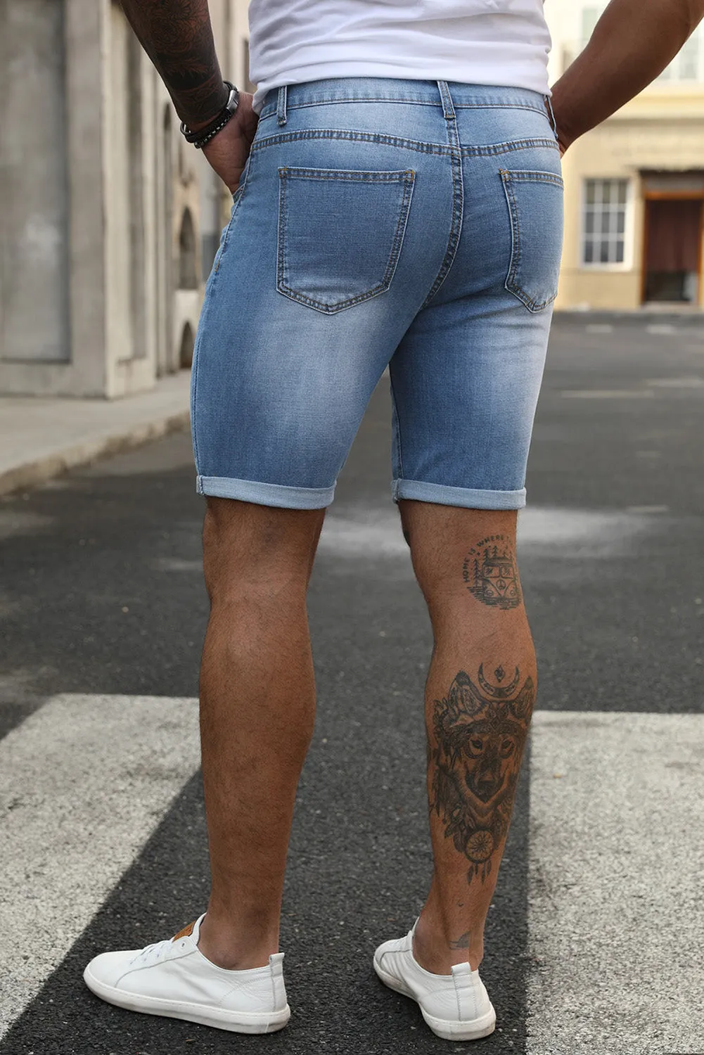 Sky Blue Distressed Low-rise Men's Denim Shorts
