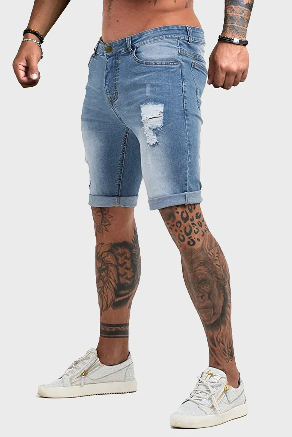 Sky Blue Distressed Low-rise Men's Denim Shorts