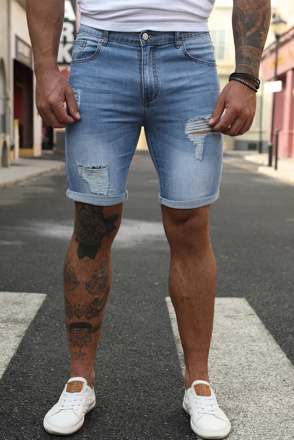 Sky Blue Distressed Low-rise Men's Denim Shorts