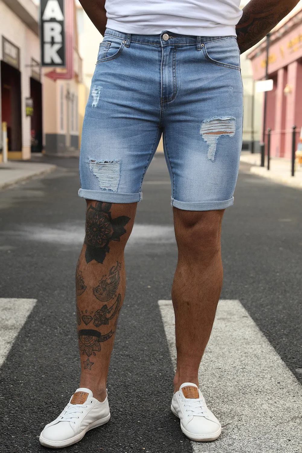 Sky Blue Distressed Low-rise Men's Denim Shorts