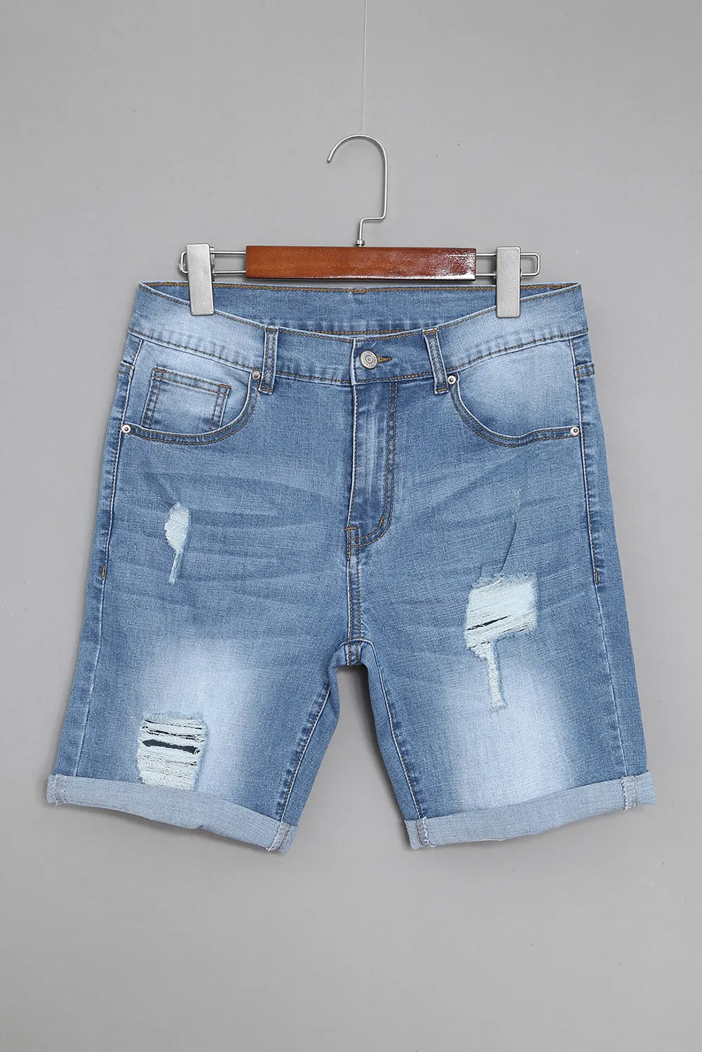 Sky Blue Distressed Low-rise Men's Denim Shorts