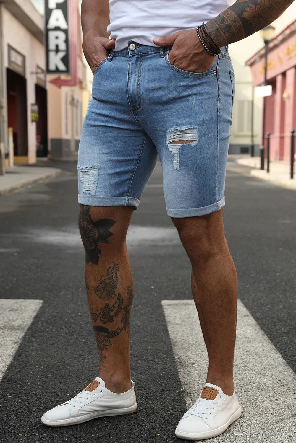 Sky Blue Distressed Low-rise Men's Denim Shorts