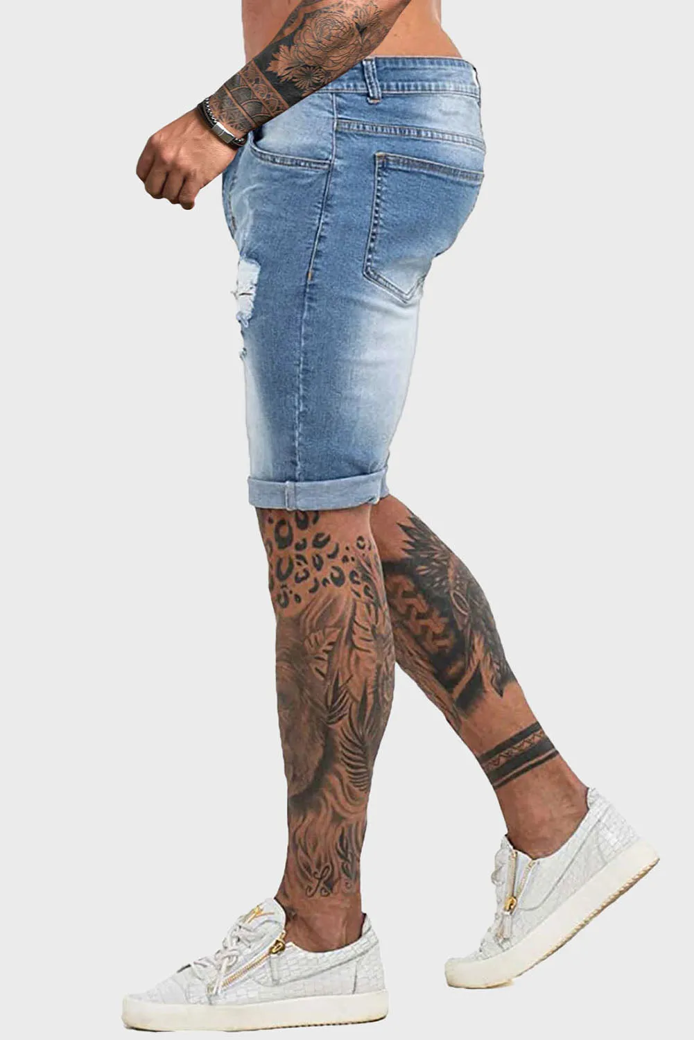 Sky Blue Distressed Low-rise Men's Denim Shorts