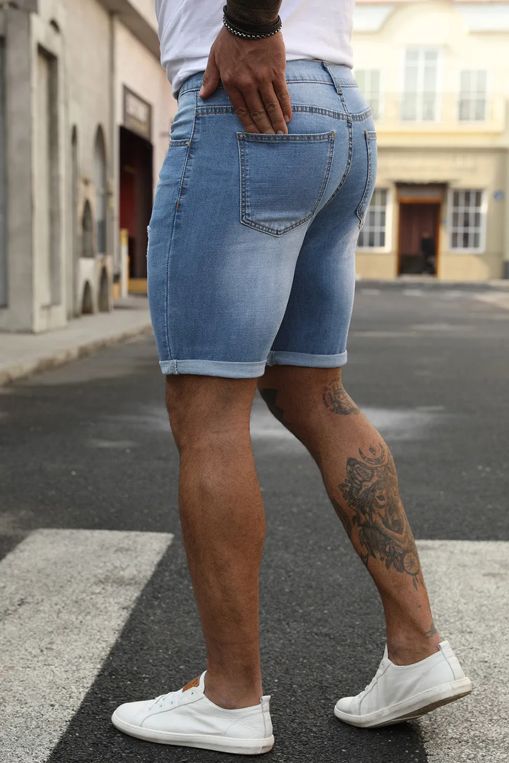 Sky Blue Distressed Low-rise Men's Denim Shorts