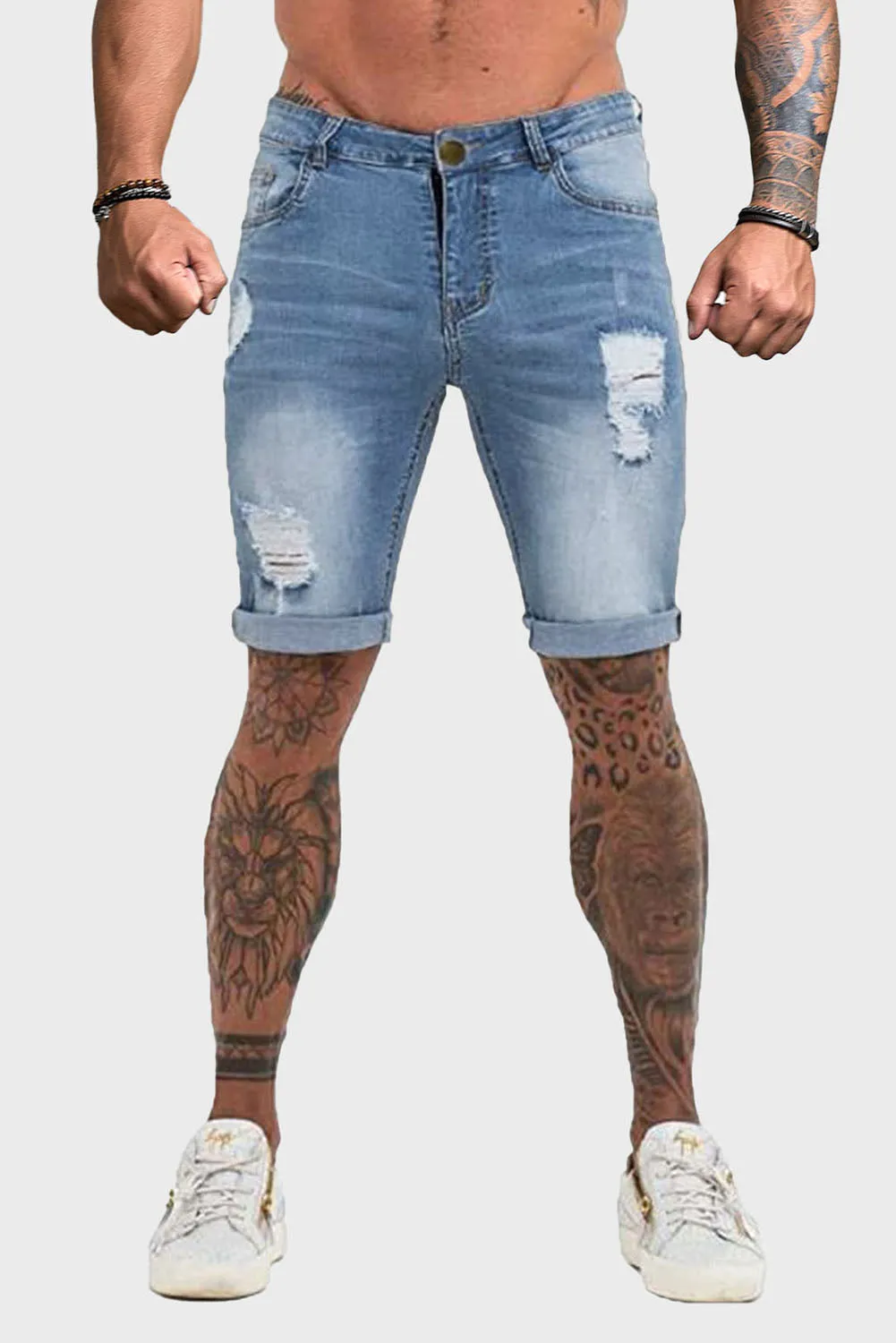 Sky Blue Distressed Low-rise Men's Denim Shorts