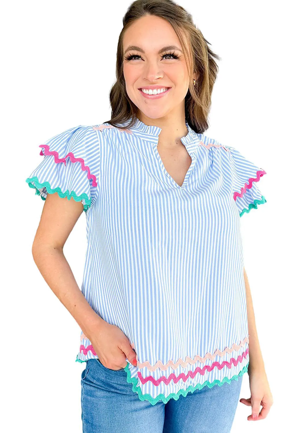 Sky Blue Stripe Ricrac Trim Split Neck Ruffled Sleeve Top