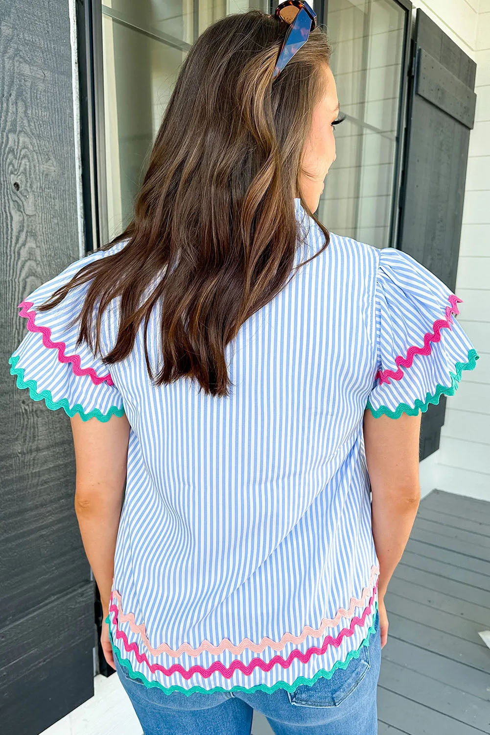 Sky Blue Stripe Ricrac Trim Split Neck Ruffled Sleeve Top