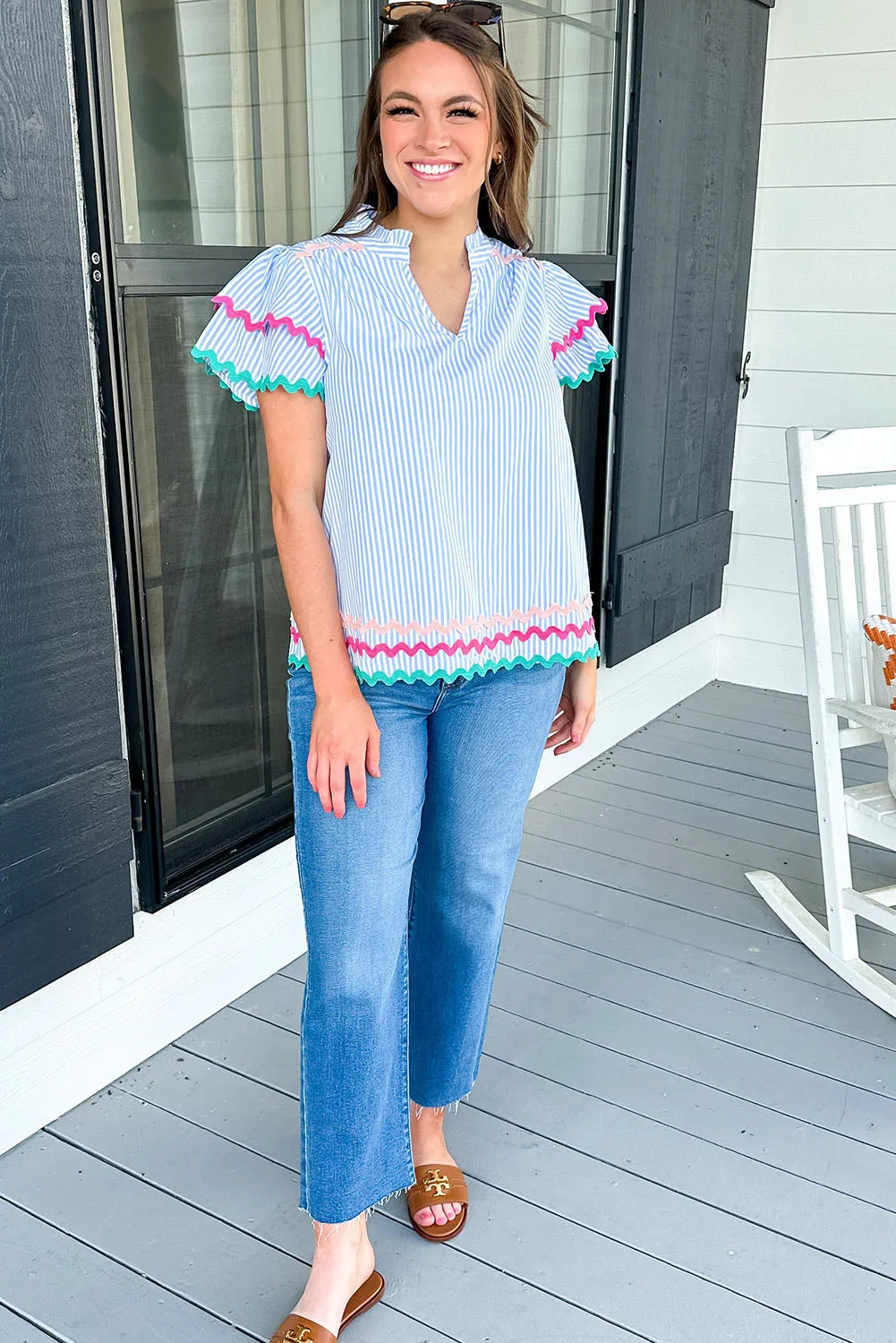 Sky Blue Stripe Ricrac Trim Split Neck Ruffled Sleeve Top