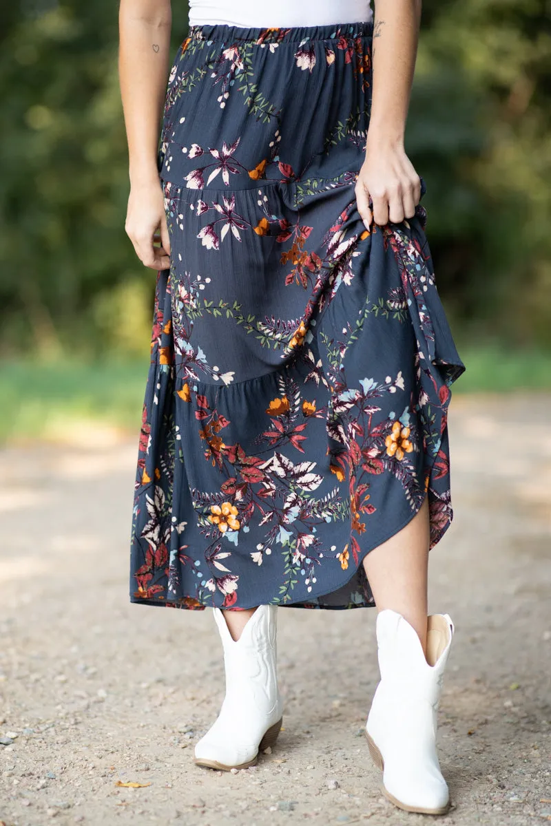 Slate Blue Multicolor Floral Print Maxi Skirt