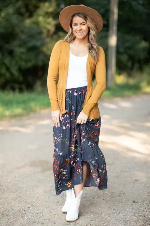 Slate Blue Multicolor Floral Print Maxi Skirt