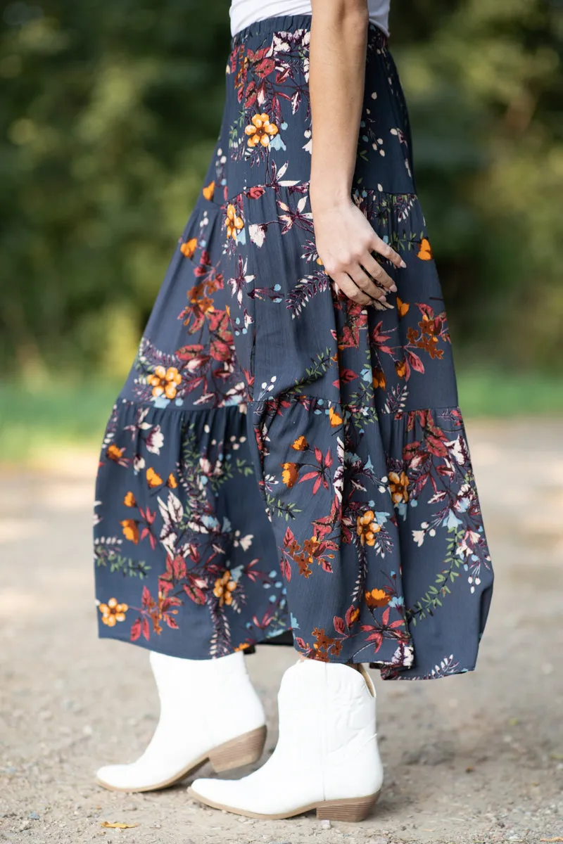 Slate Blue Multicolor Floral Print Maxi Skirt