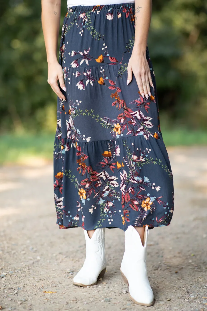 Slate Blue Multicolor Floral Print Maxi Skirt