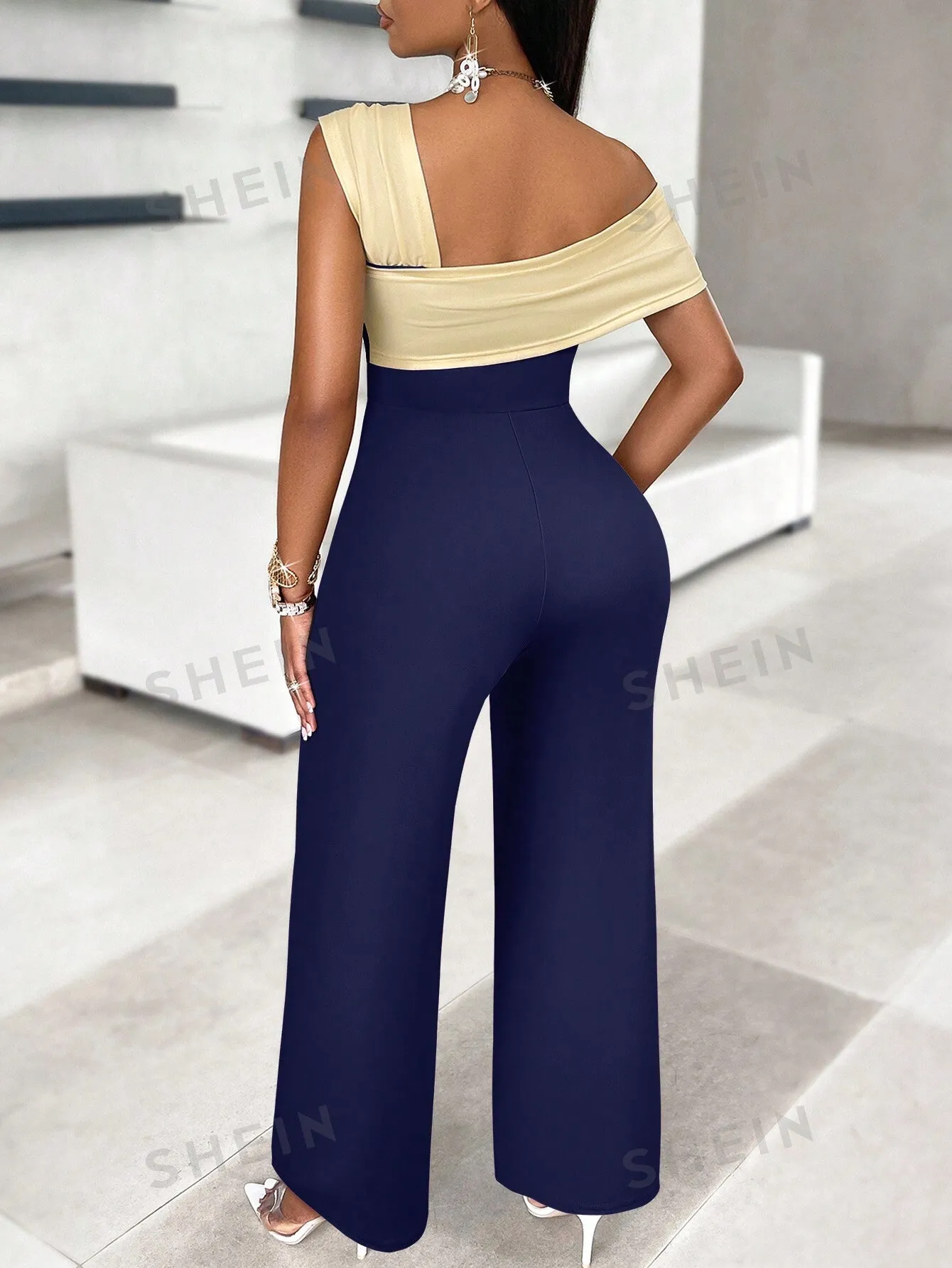 Slayr Two Color Contrast Diagonal Shoulder Asymmetrical Jumpsuit