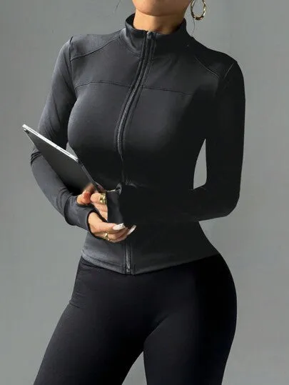 Slim Fit Yoga Activewear Jacket – Stretchy Compression Zip-Up Workout Top