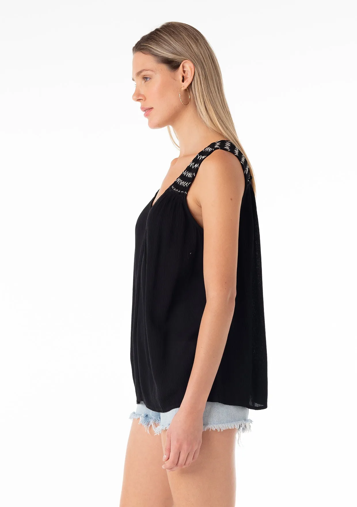 Smocked Sleeveless Double V Neck Tank Top