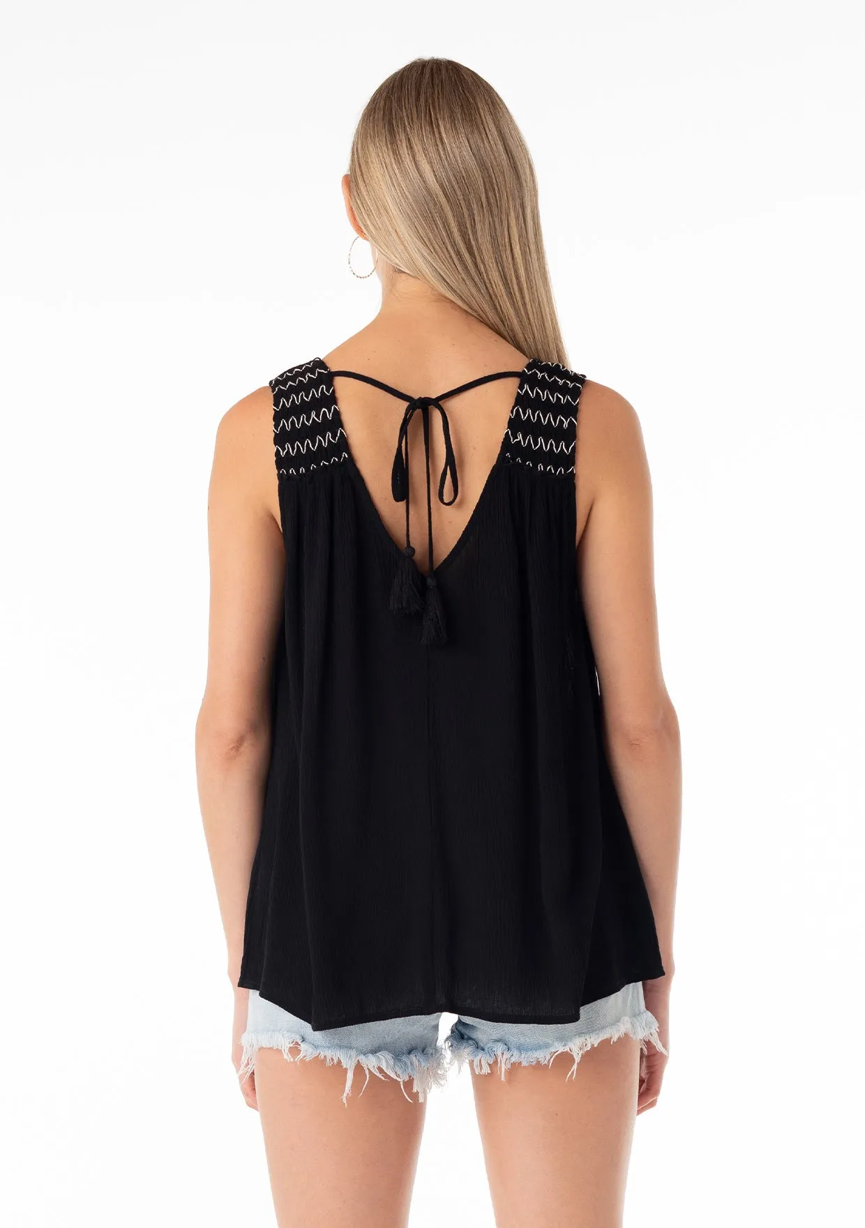 Smocked Sleeveless Double V Neck Tank Top