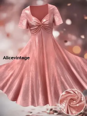 Solid Color V-Neck Short Sleeve Vintage Dress