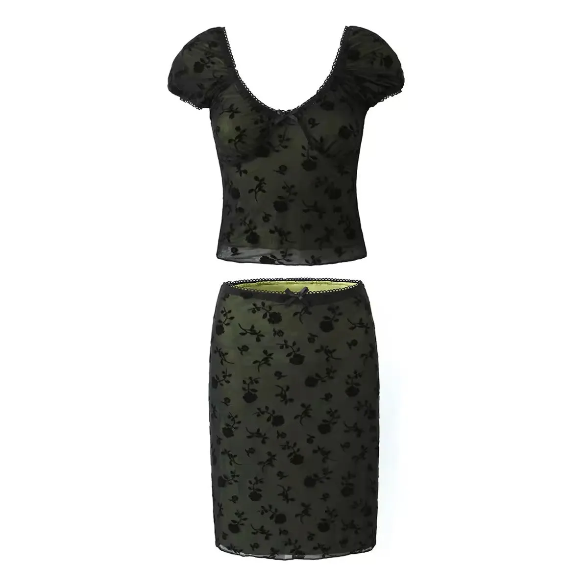 Sterling Black Front Bow Tie Floral Pattern Mesh Casual Mini Skirt