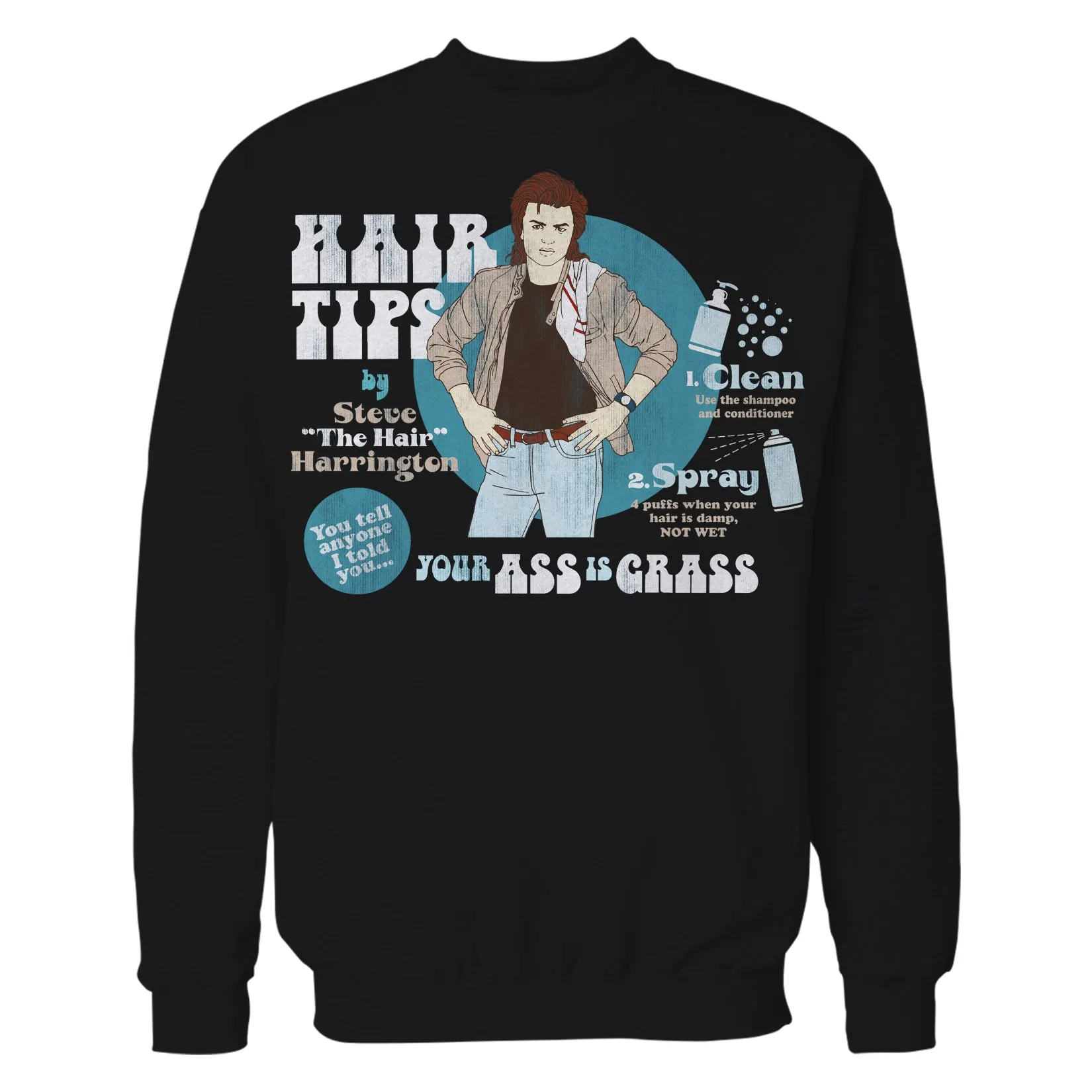 Stranger Things Retro Steve Harrington Pose Spray Warning Hair Tips Official Sweatshirt