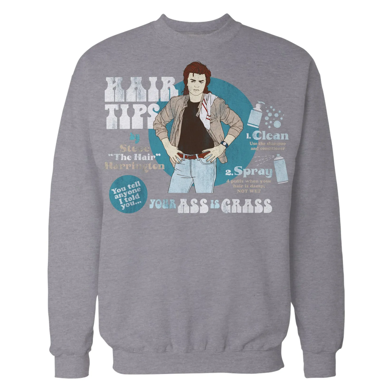Stranger Things Retro Steve Harrington Pose Spray Warning Hair Tips Official Sweatshirt