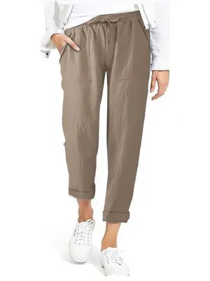 Stunncal Drawstring High Waist Pocket Loose Large Size Cotton Linen Casual Pants
