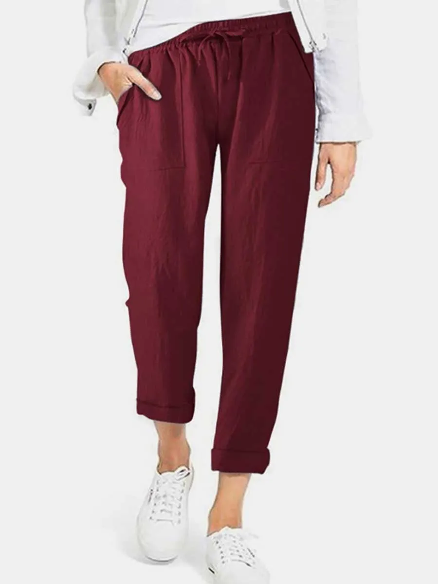 Stunncal Drawstring High Waist Pocket Loose Large Size Cotton Linen Casual Pants