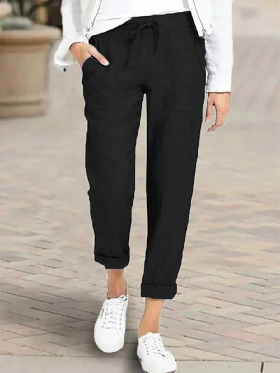 Stunncal Drawstring High Waist Pocket Loose Large Size Cotton Linen Casual Pants