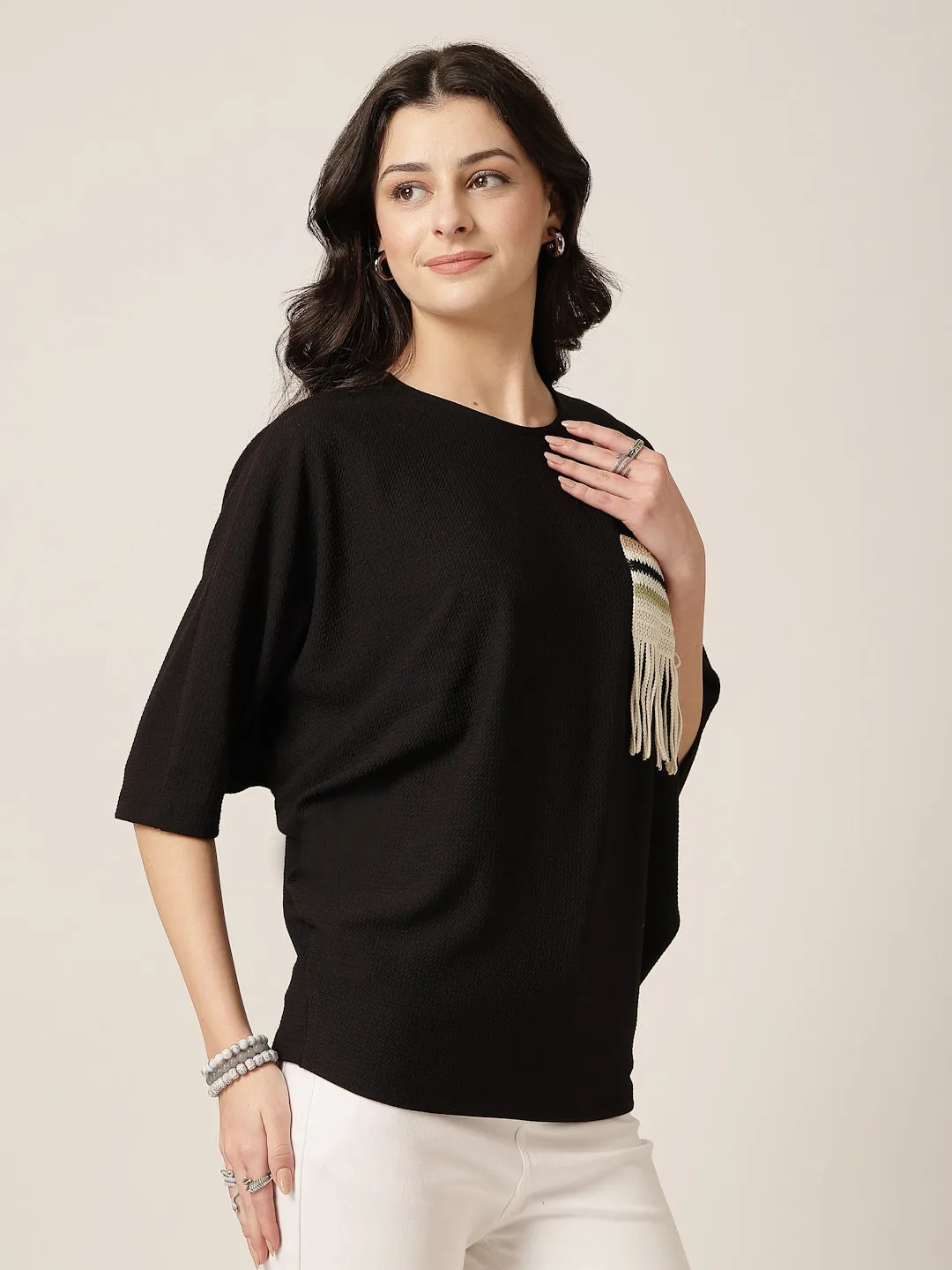 Style Quotient Women Black Poly knit top with patch pocket detailing
