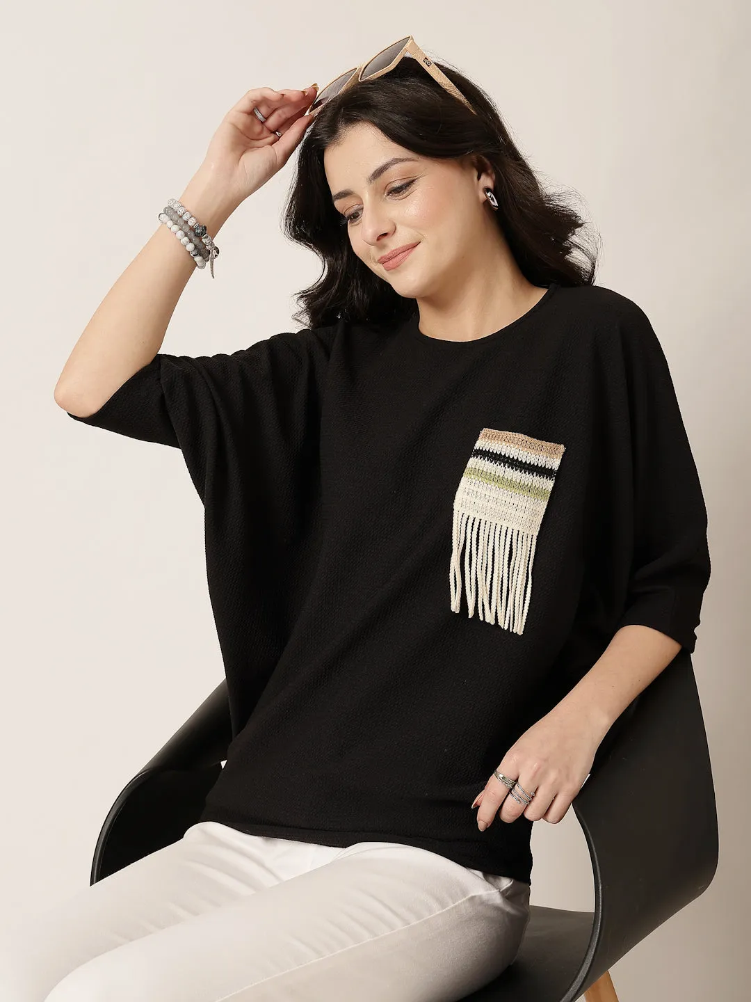 Style Quotient Women Black Poly knit top with patch pocket detailing