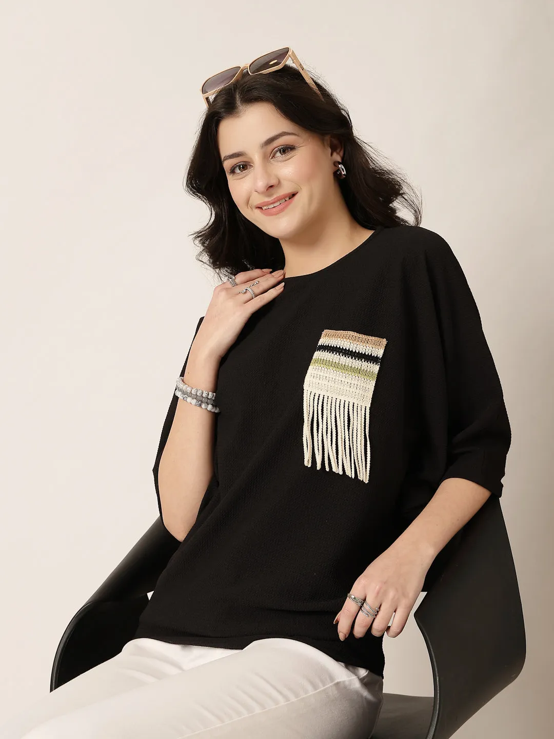 Style Quotient Women Black Poly knit top with patch pocket detailing