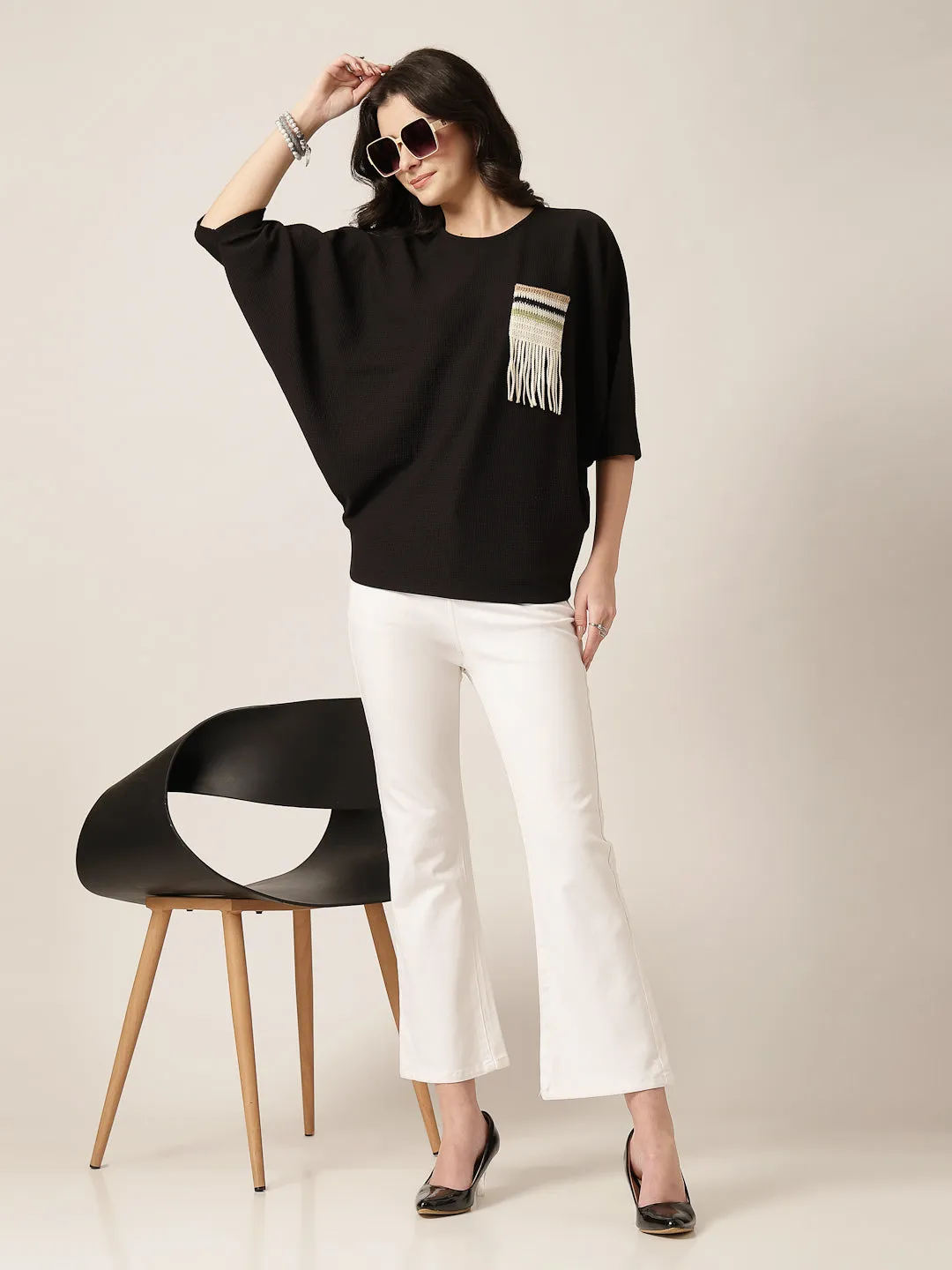 Style Quotient Women Black Poly knit top with patch pocket detailing