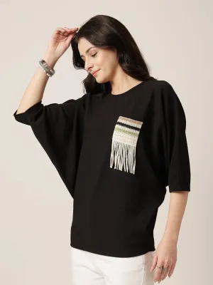 Style Quotient Women Black Poly knit top with patch pocket detailing