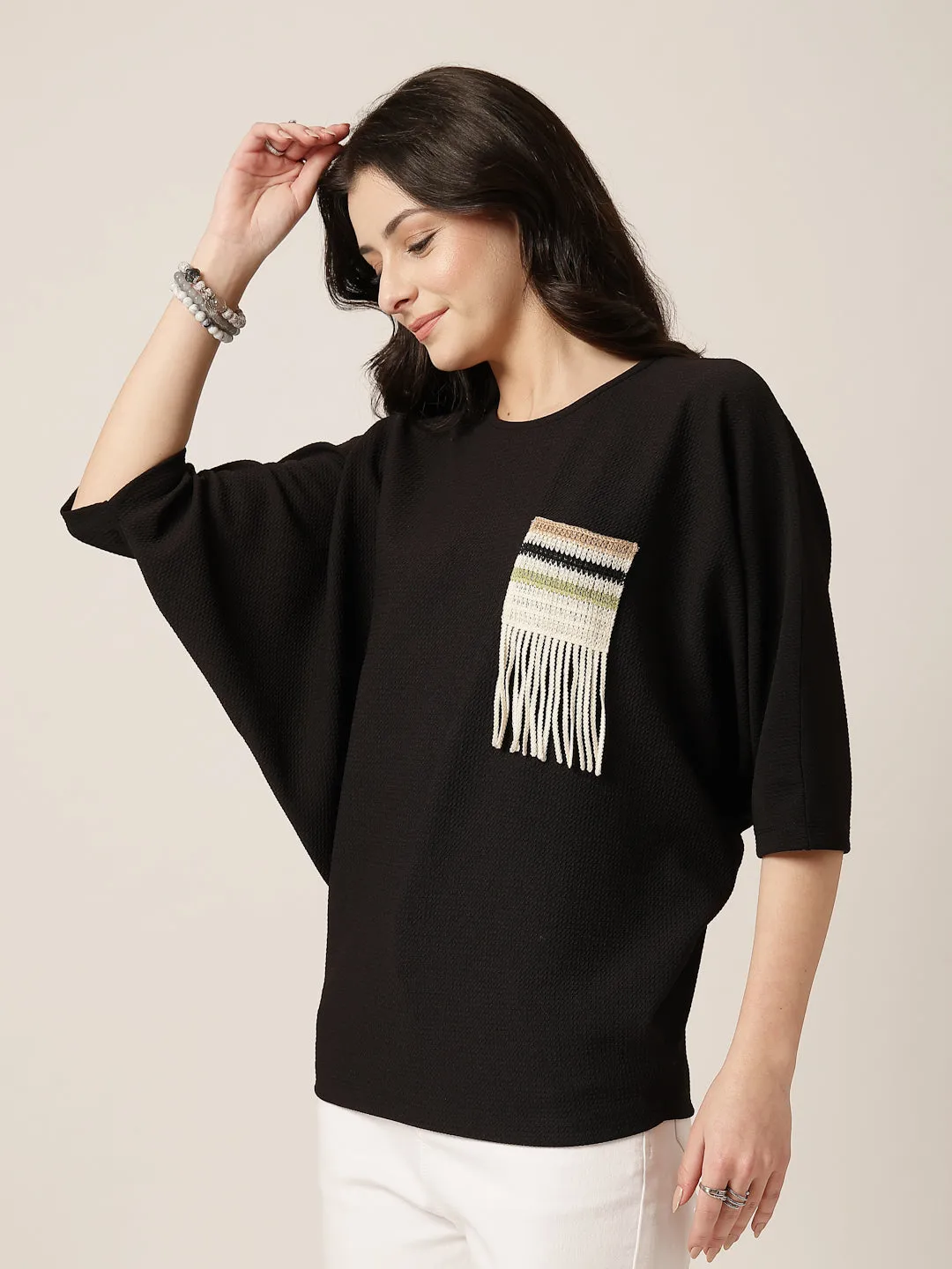 Style Quotient Women Black Poly knit top with patch pocket detailing