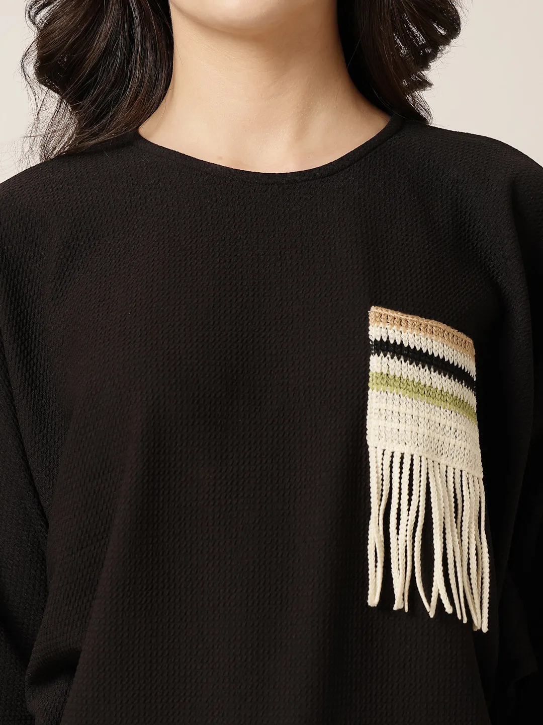 Style Quotient Women Black Poly knit top with patch pocket detailing