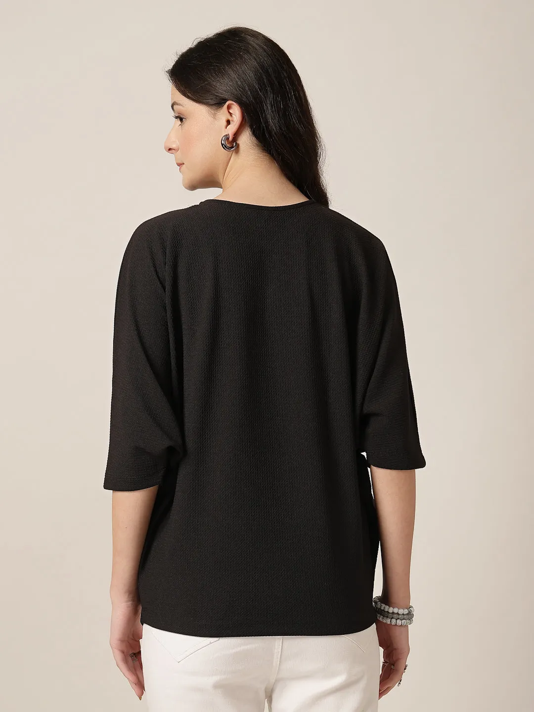 Style Quotient Women Black Poly knit top with patch pocket detailing